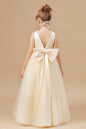 Branco A Line Sleeveless Bowknot Flor Menina Vestido Com Pérolas